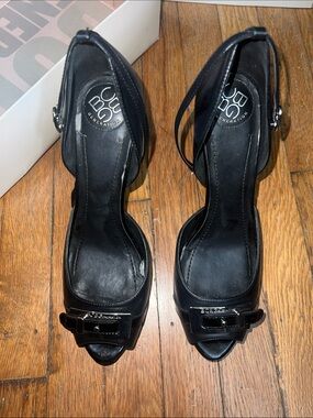 BCBGeneration Black Patent Peep-Toe Ankle-Strap Heels